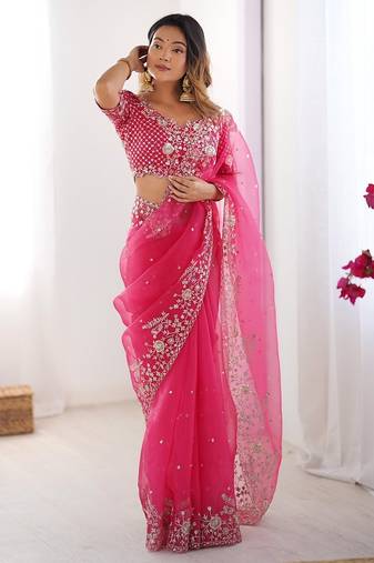 pink color oregenza silk thread sequince embroidered work saree with blouse