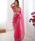 pink color oregenza silk thread sequince embroidered work saree with blouse