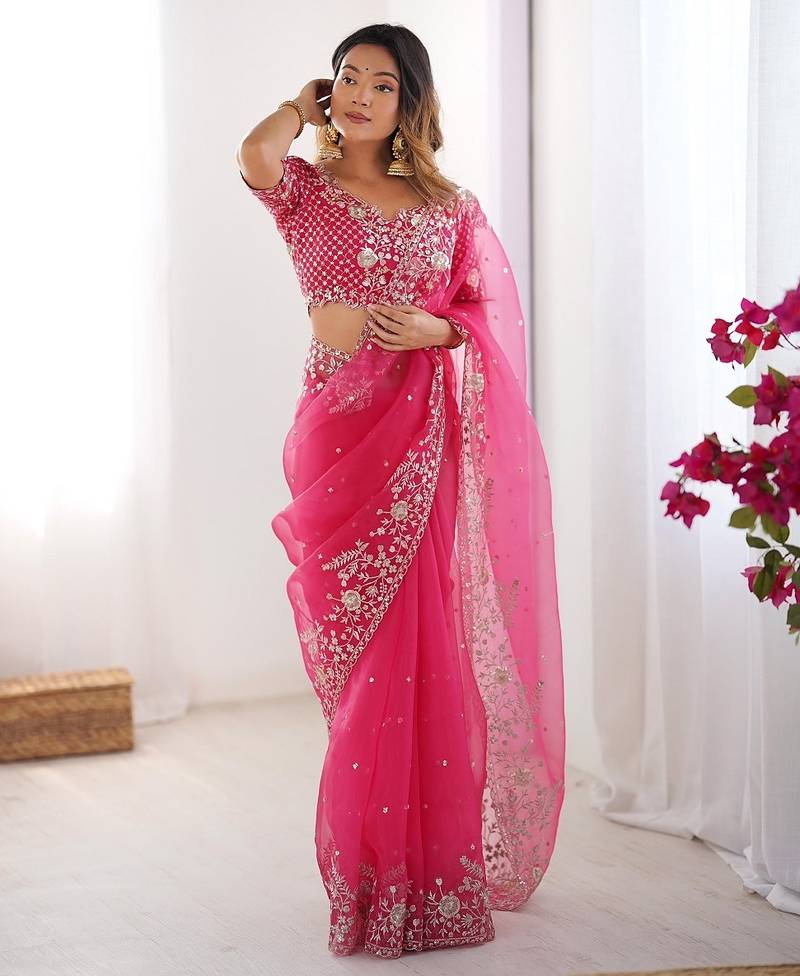 pink color oregenza silk thread sequince embroidered work saree with blouse