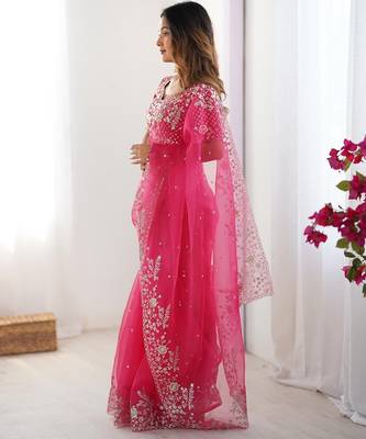 pink color oregenza silk blend thread sequince embroidered work saree with blouse 2