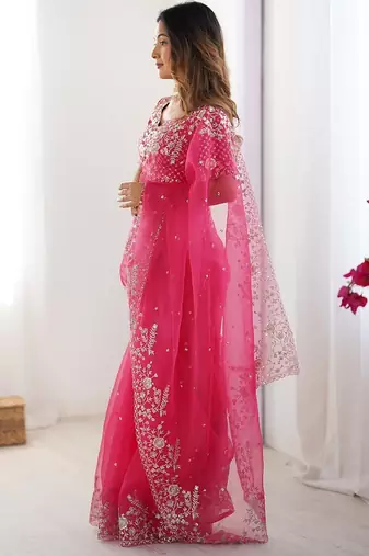 pink color oregenza silk blend thread sequince embroidered work saree with blouse