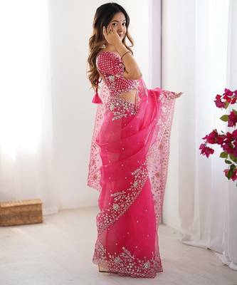 pink color oregenza silk blend thread sequince embroidered work saree with blouse 3