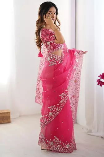 pink color oregenza silk blend thread sequince embroidered work saree with blouse