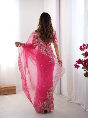 pink color oregenza silk blend thread sequince embroidered work saree with blouse 5