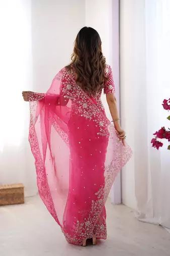 pink color oregenza silk blend thread sequince embroidered work saree with blouse
