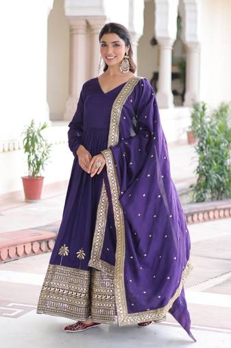 Purple  vichitra silk sequins embroidered gown with dupatta