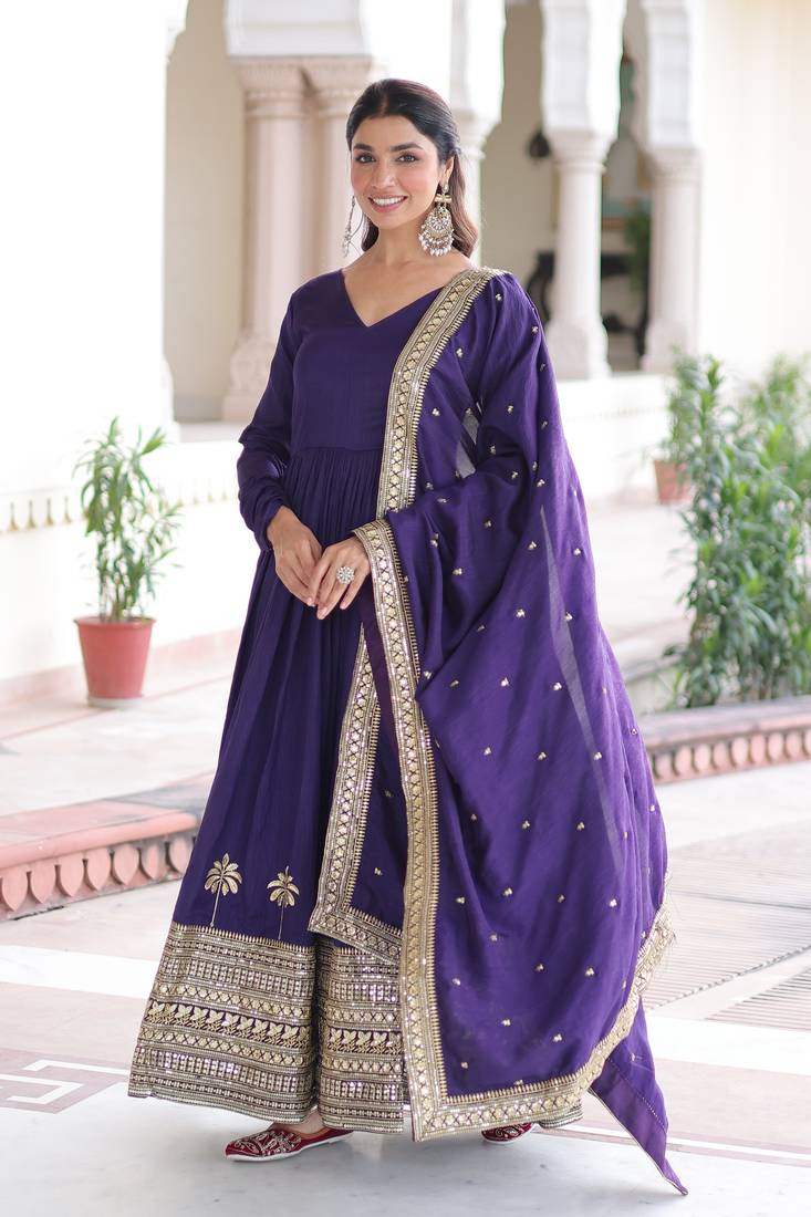Purple  vichitra silk sequins embroidered gown with dupatta
