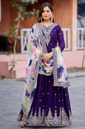 Purple premium designer faux georgette gown with soft silk dupatta