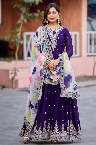 Purple premium designer faux georgette gown with soft silk dupatta