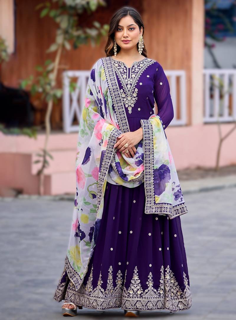 Purple premium designer faux georgette gown with soft silk dupatta