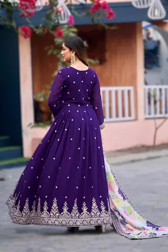 Purple premiumfaux georgette gown with soft silk dupatta