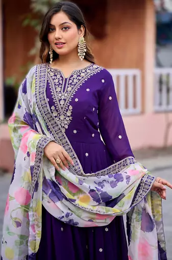 Purple premiumfaux georgette gown with soft silk dupatta