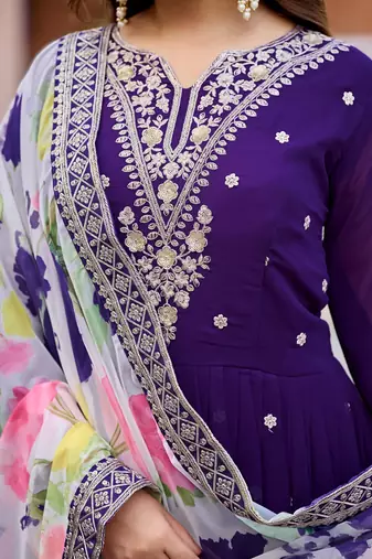 Purple premiumfaux georgette gown with soft silk dupatta