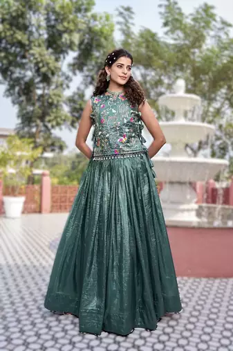 dark green gold crush embroidered lehenga choli