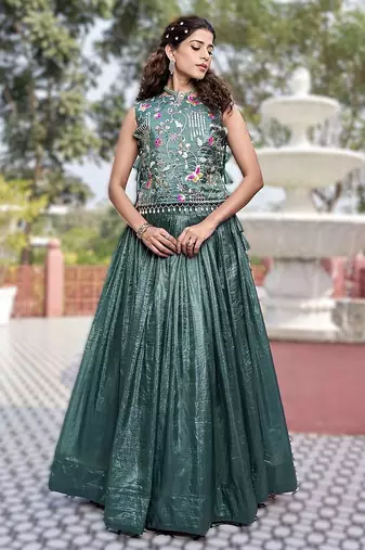 dark green gold crush embroidered lehenga choli