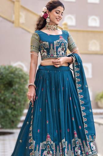 teal blue vichitra silk lehenga with thread work