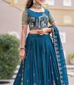 teal blue vichitra silk lehenga with thread work