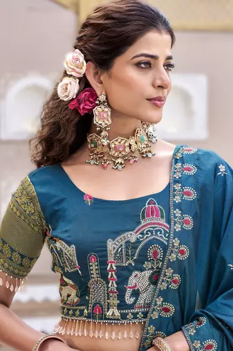 teal blue vichitra silk lehenga with thread work