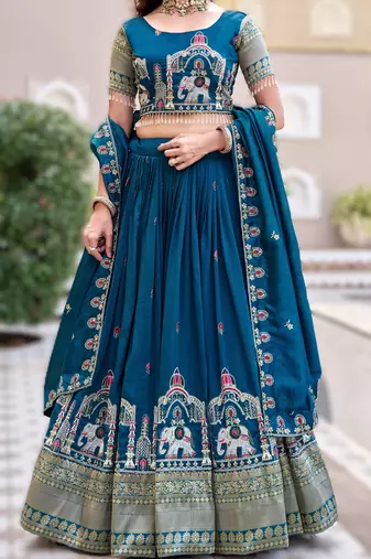 teal blue vichitra silk lehenga with thread work