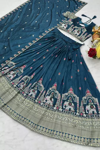 teal blue vichitra silk lehenga with thread work