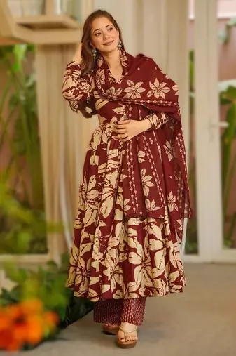 Dark red maslin heavy digital printed kurta set with dupatta | designer festival & party wear fully stitched suit