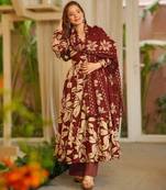 Dark red maslin heavy digital printed kurta set with dupatta | designer festival & party wear fully stitched suit