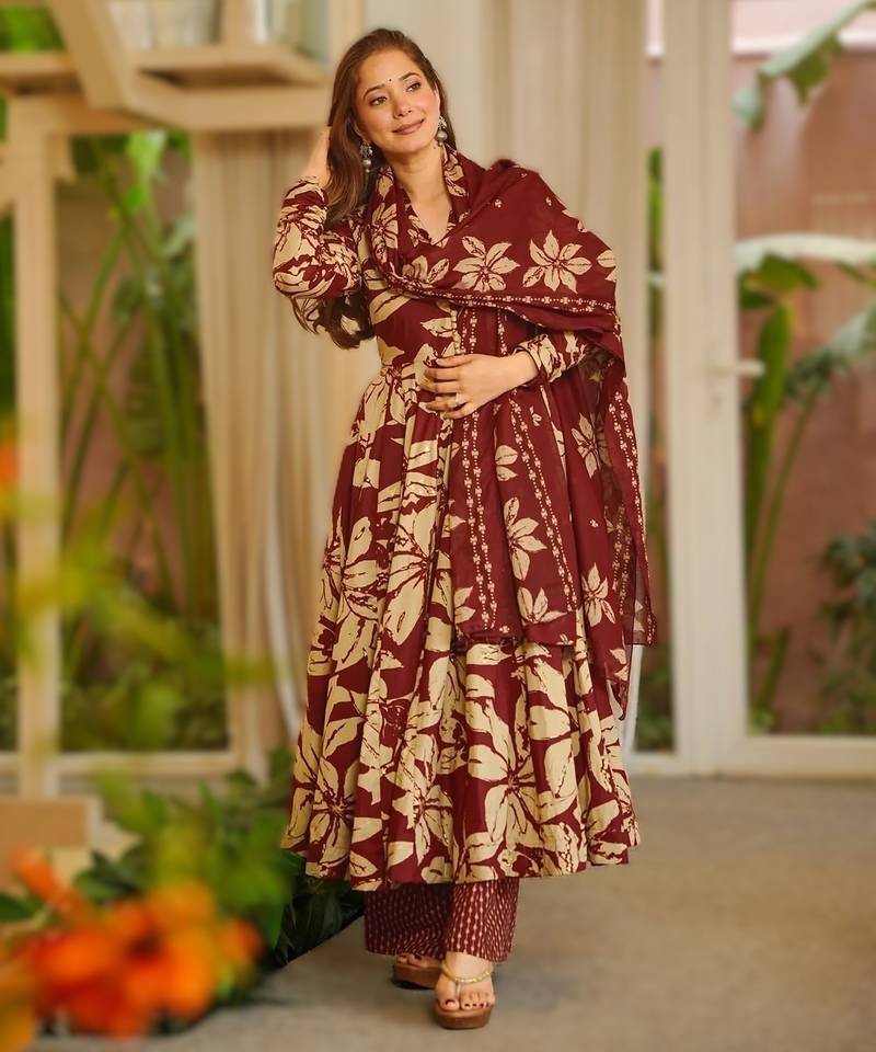 Dark red maslin heavy digital printed kurta set with dupatta | designer festival & party wear fully stitched suit