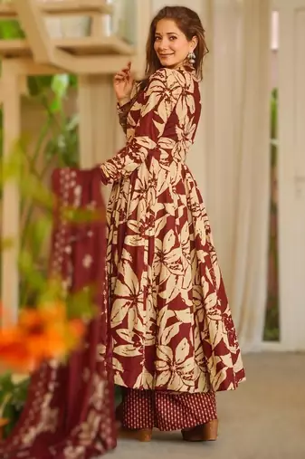 Dark red maslin heavy digital printed kurta set with dupatta