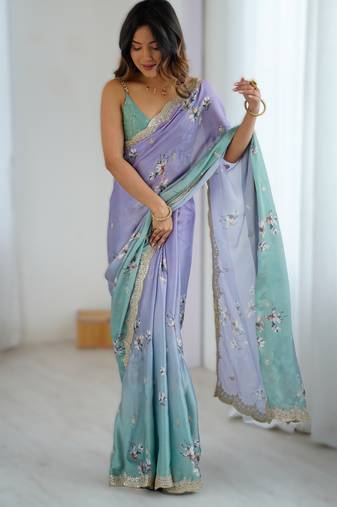 Purple satin chiffon hand printed saree with sequence & dori embroidery work | designer party wear saree