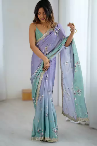 Purple satin chiffon hand printed saree with sequence & dori embroidery work | designer party wear saree
