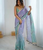 Purple satin chiffon hand printed saree with sequence & dori embroidery work | designer party wear saree