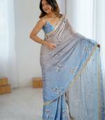 Chiku satin chiffon hand printed saree with sequence & dori embroidery work | designer party wear saree