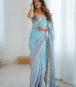 Sky blue satin chiffon hand printed saree with sequence & dori embroidery work | designer party wear saree