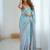 Sky blue satin chiffon hand printed saree with sequence & dori embroidery work | designer party wear saree