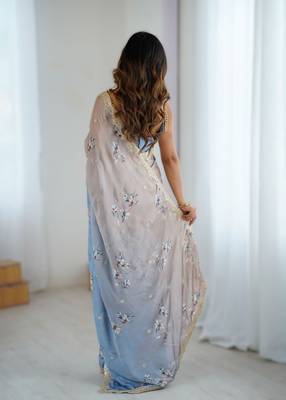 Chiku satin chiffon hand printed saree with sequence & dori embroidery work | designer party wear saree 2