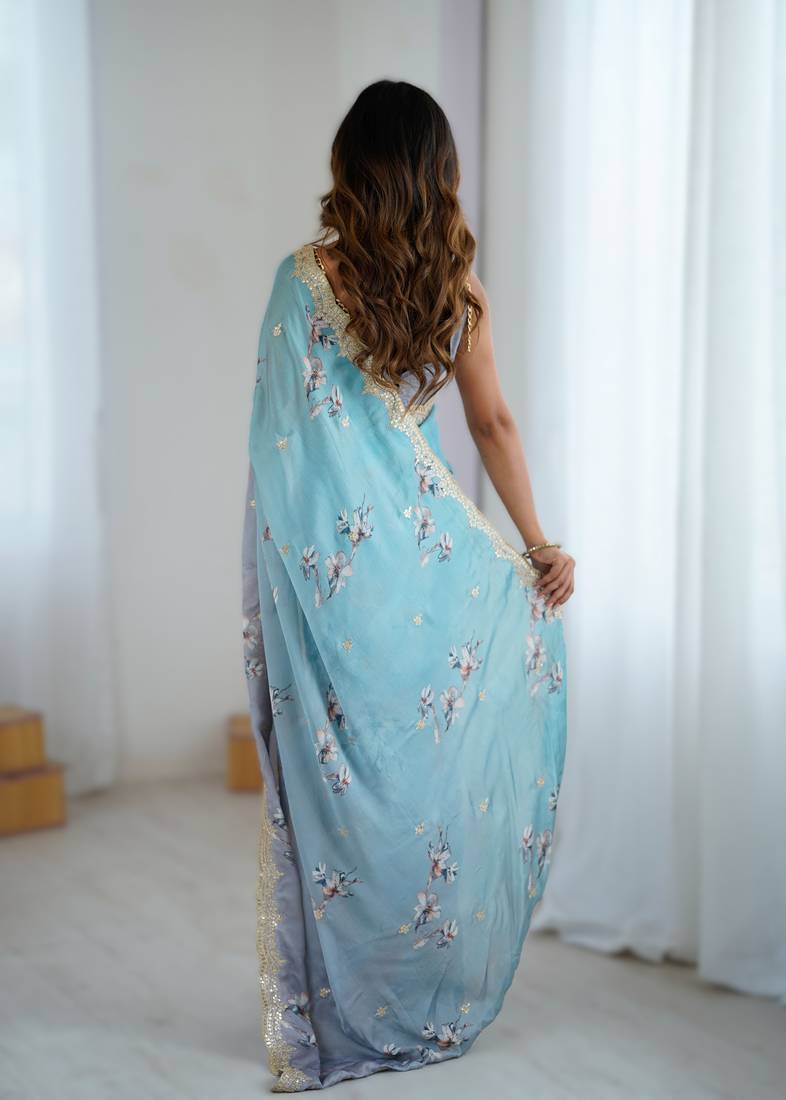 Sky blue satin chiffon hand printed saree with sequence & dori embroidery work | designer party wear saree