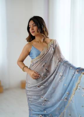 Chiku satin chiffon hand printed saree with sequence & dori embroidery work | designer party wear saree 3