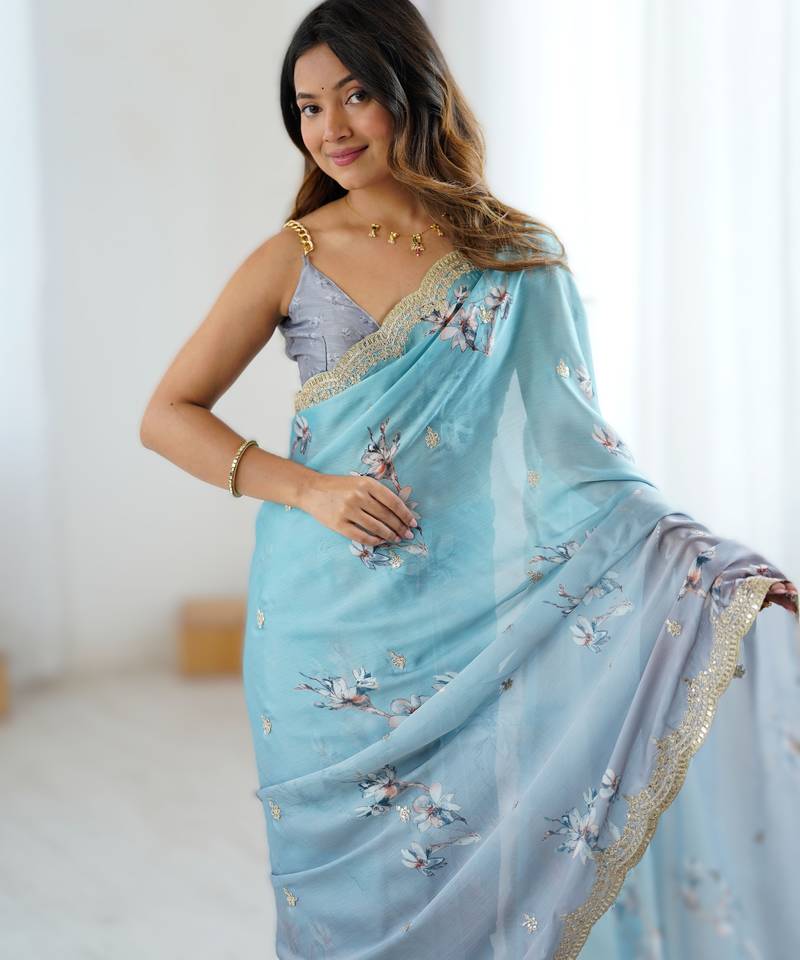 Sky blue satin chiffon hand printed saree with sequence & dori embroidery work | designer party wear saree