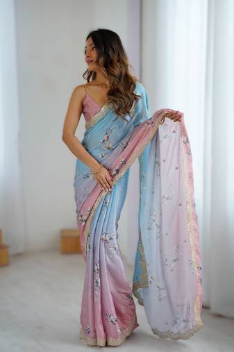 Sky blue satin chiffon hand printed saree with sequence & dori embroidery work | designer party wear saree