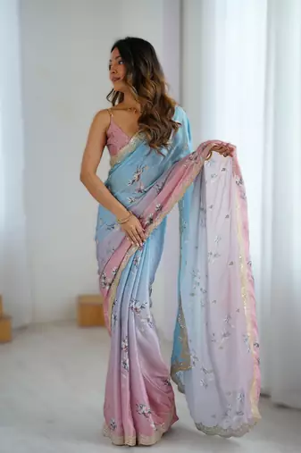Sky blue satin chiffon hand printed saree with sequence & dori embroidery work | designer party wear saree