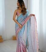 Sky blue satin chiffon hand printed saree with sequence & dori embroidery work | designer party wear saree