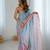 Sky blue satin chiffon hand printed saree with sequence & dori embroidery work | designer party wear saree