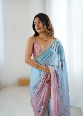 Sky blue satin chiffon hand printed saree with sequence & dori embroidery work | designer party wear saree 2