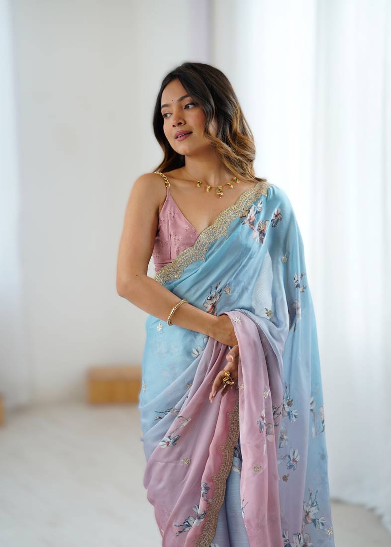 Sky blue satin chiffon hand printed saree with sequence & dori embroidery work | designer party wear saree