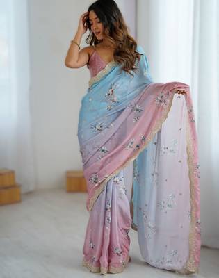 Sky blue satin chiffon hand printed saree with sequence & dori embroidery work | designer party wear saree 3
