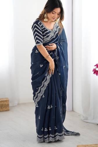 blue color art silk blend thread sequince embroidered saree with blouse