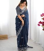 blue color art silk blend thread sequince embroidered saree with blouse