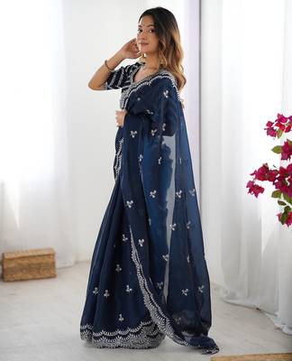 blue art silk blend thread sequince embroidered saree with blouse 2