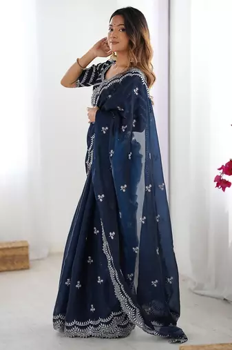 blue color art silk blend thread sequince embroidered saree with blouse