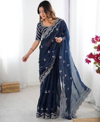 blue art silk blend thread sequince embroidered saree with blouse 3